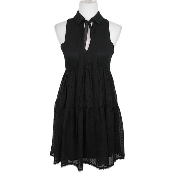 LIKELY Black Swiss Dot Tiered Babydoll Mini Dress Sleeveless Collared Size 4